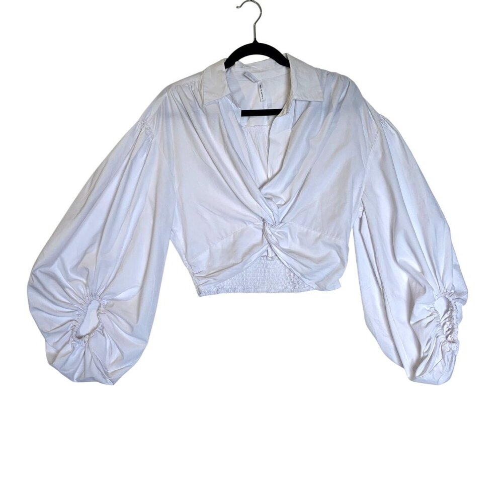 Women White Twist Front Crop Top Large Balloon V 3/4 Boho Fairy Cottage Coquette